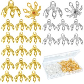 UHOMENY 120 PCS Flower Bead Caps, Flower Bead End Caps Toppers for Jewelry Findings 7 Prong Brass Bell Bead Ornament Caps Flower Metal Spacer Beads for Earrings Bracelets Necklaces (Golden & Silver)
