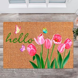 Ceenna Spring Easter Coir Doormat Outdoor Summer 4th of July Rugs Non Slip Tulip Flowers Bunny Welcome Doormats for Front Porch Outdoor Entryway,16 x 28 Inches(Tulip)