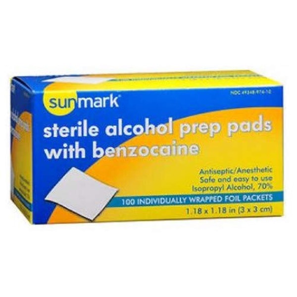 Sunmark Sterile Alcohol Prep Pads with Benzocaine, 100 Each