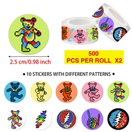 Babymiu Cute Pixel Dancing Bear Rock Dot Stickers Roll(1000 pcs) Rock Band Cartoon Sticker Decoration Decal Gifts Merch Party Supplies in 2 Rolls with 10 Patterns for Laptop Window Luggage Skateboard