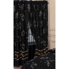 My Home 66" x 72" Celestial Curtains With Tie Backs, Horoscopes Constellations Night Sky Stars Zodiac Signs, Black White Yellow