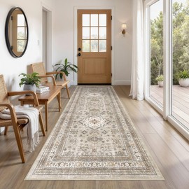 Vintage Hallway Runner Rug 3x8: Large Soft Washable Entryway for Kitchen Laundry Room Non-Slip Backing Runner for Entrance Living Room Bedroom Bathroom - Beige