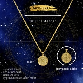 18K Gold Plated Constellation Pendant Necklace, Adjustable Rope Chain, Waterproof and Antioxidant, Men's and Women's Zodiac Necklaces, Box Packaging