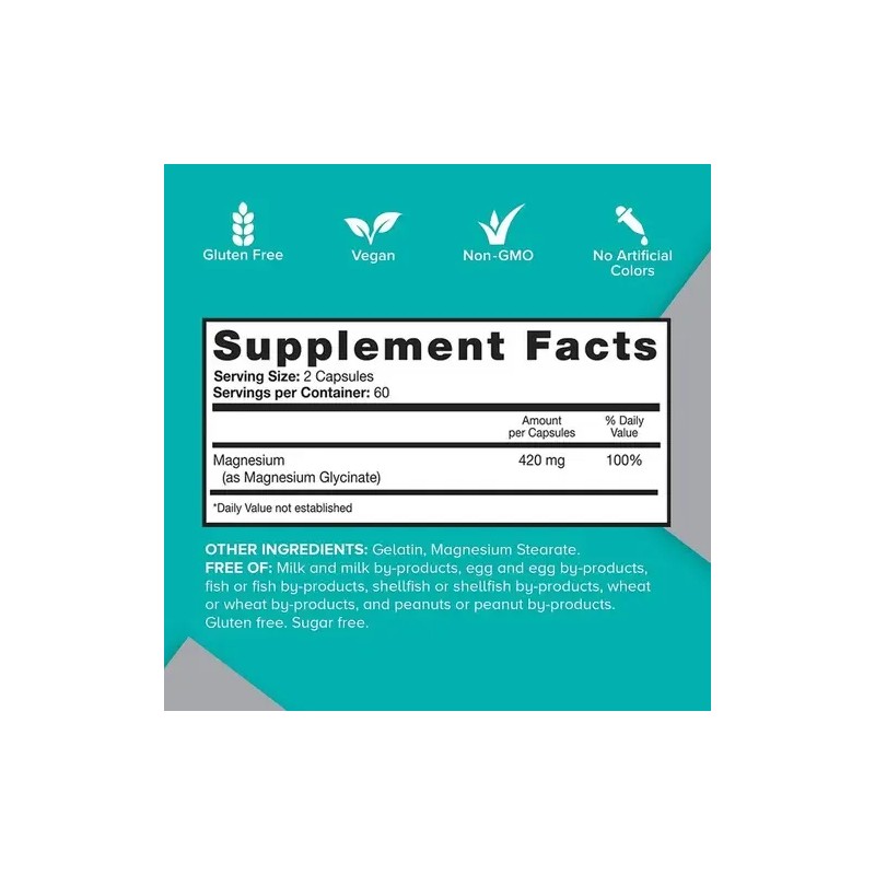 Glicinato De Magnesio 420mg Magnesium Glycinate 420mg, 120 Vegan Capsules