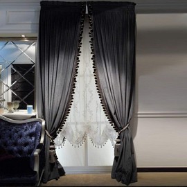Luxury Pom Poms Curtain for Living Room Blackout Velvet 2 Panels Curtains Set Luxury Tassel Bedroom Curtains (Iron Grey, (50W×96L)×2)