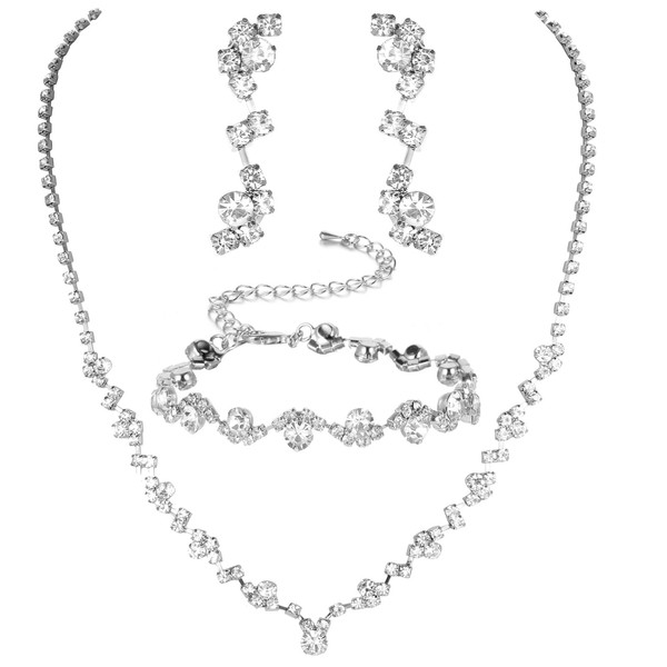 Telooco Strass Schmuckset für Abschlussball Silber Brautschmuck Damen Wellen Halskette