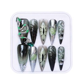 CAMILCY Press on Nails Handmade Nails Luxury Reusable Fake Nails For Girls long Almond Armor Tip Black Green Diamonds Hand Painted Salon Loveful Design Acrylic GelUV Finished For Women 3DNails 10PCS L