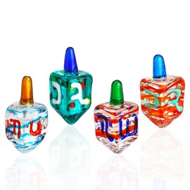 HDCRYSTALGIFTS Set 4 Blown Glass Tradition Hanukkah Dreidel Figurine Ornament 1.5'' Art Glass Classic Dreidel Paperweight Collectibles Jewish Hanukkah Gift