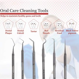 Set of 6 Hygiene Kit Teeth Cleaning Tools Single Ended Micro Probes Scalers Made of Premium Grade Stainless Steel Suitable for Dentist, Home, and Pet Oral Care - #9, 6, RA-90, 23, 17A, 1