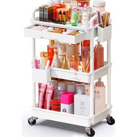 SUNALLY Makeup Cart Organizer with Drawers, Floor Skincare Organizers Vanity Storage Organizer, Rolling Makeup Bathroom Storage Cart Cosmetics Display Cases for Skin Care Perfume Nail Polish, White