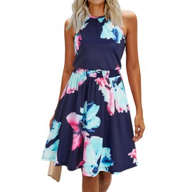 Arach&Cloz Women's Halter Neck Sundress High Waist Floral A Line Sleeveless Summer Casual Beach Dress with Pockets(Floral03,S)
