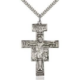 Bonyak Jewelry Sterling Silver San Damiano Pendant 2 x 1 3/8 inches with Heavy Curb Chain