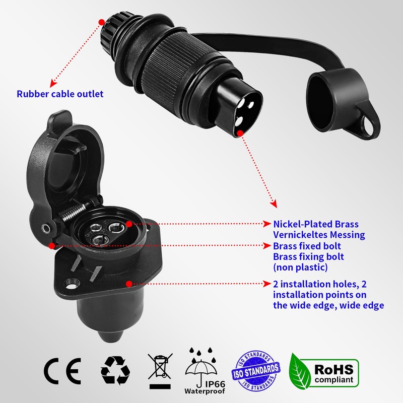 12 V 24 V Car Trailer Plug Socket 3-Pin Set