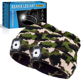 FFIPBGE Beanie Hats with Light, USB Rechargeable LED Hand Free Headlamp, Perfect Winter Gifts for Men, Women, and Teens, Ideal for Camping, Hiking, and Christmas Stocking Stuffers, 2 Pack, Camouflage