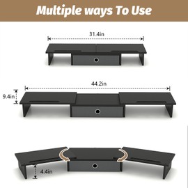 Sedegn Dual Monitor Stand Riser with Drawer for Desk, Wooden Computer Monitor Stand for 2 Monitors, Office Desktop Organizer Stand with Adjustable Length and Angle for PC Monitor Laptop TV (Black)