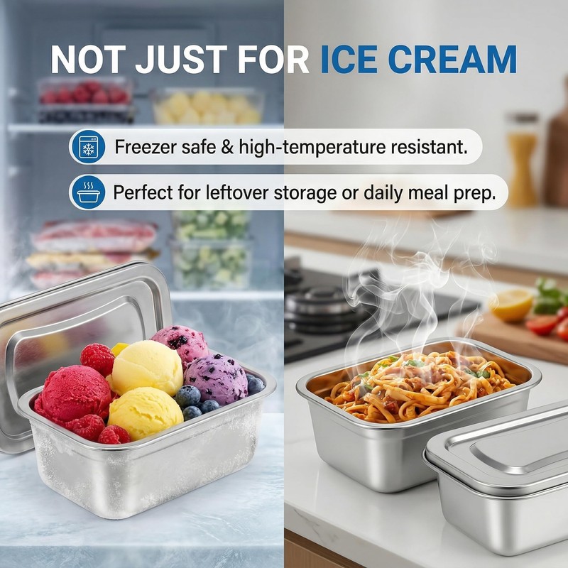2 Pcs Stainless Steel Ice Cream Containers for Homemade, Reusable