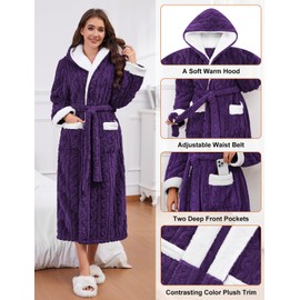 Niwicee Womens Dressing Gowns Fluffy Women's Robes Hooded Fleece Bathrobe Winter Long Robe Warm Nightwear Towelling Bath Sleepwear for Spa Hotel Home (Purple, M)