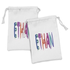 Ambesonne Ethan Fabric Pouch Set of 2, Colorful Letters in the Shape of Balloons Happy Birthday Celebration Themed Font, Small Drawstring Bag for Toiletries Masks and Favors, 9" x 6", Multicolor