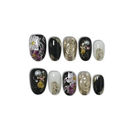 TENPAL Black Gold Floral Cat Eye Short Oval Press On Nails With Tools,Glossy Glitter Hand-Painted Designs Glue on Nails, Acrylic Simple Retro Elegant Acrylic Fake Nails for Women,Chinese Nails(XS)