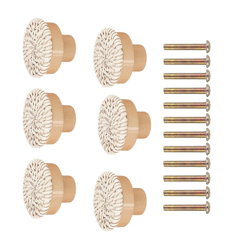 WANGCL 6pcs Rattan Dresser Knobs Handmade Wicker Woven Cabinet Knobs