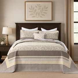 Finlonte Oversized Queen Bedspread 102"x120" - 100% Cotton Oversized Queen Quilt with 2 Pillow Shams, Farmhouse Stripe Botanical Bedspread Reversible Lightweight Coverlet Set, Taupe/Brown/Beige, 3 Pcs