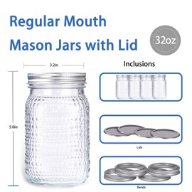 MirthMood 32 OZ Wide Mouth Mason Jars, 6 PACK Glass Mason Jars with airtight Lids, Quart mason jars wide mouth for Preserving, Meal Prep, Overnight Oats, Sauces,Honey, Jam, Yogurt or Jar Decor