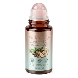 Castor Oil Rose Quartz Roller Ball, Organic Cold-Pressed Castor Oil with Frankincense, Roll-On Beauty Oil for Eyebrows, Face, Neck & Under-Eye Area, L