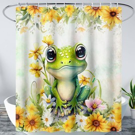 AILONEN Green Frog Shower Curtain, Cute Cartoon Waterproof Fabric for Bathroom, Beautiful Sunflower Kawaii Tree Design with Hooks for Kids Boys Girls, 72" W*72" H
