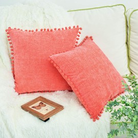 CaliTime Throw Pillow Cases Pack of 2 Cozy Solid Dyed Soft Chenille Cushion Covers with Pom Poms for Couch Sofa Home Decoration 16 X 16 Inches Living Coral
