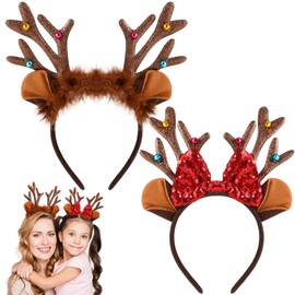 2PCS Christmas Reindeer Antlers Headband, Glitter Reindeer Headband with Ears and Bell, Reindeer Ears Headband Xmas Headbands Christmas Headbands for Adults Kids Photo Props Christmas Party Favors