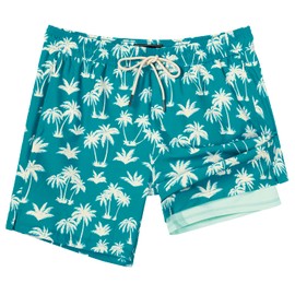SURF CUZ Mens Swim Trunks 5" Swimming Trunks with Compression Liner Quick Dry Swim Shorts Bathing Suit with Zipper Pockets Turquoise Palm Tree Medium