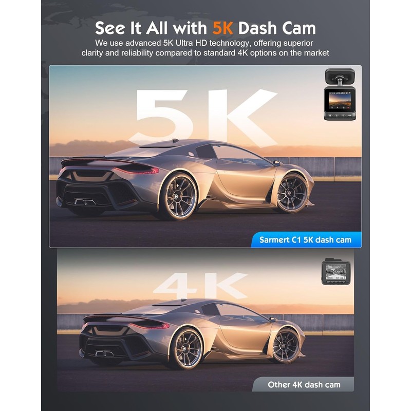 Sarmert C1 5K Dash Cam, Built-in GPS 5G WiFi, 5K/4K/2.5K