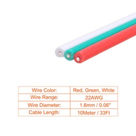 Rebower RGB Wire Cable 3 Pin Wire Stranded Tinned Copper Cord [for LED Strip 5050 3528 Cord] - 22AWG / 33Ft / Red Green White