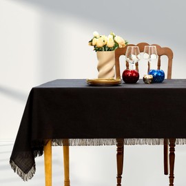 Midsummer Breeze Table Cloth Rectangle Table-Rustic Cotton Tablecloth Craft Fringed Farmhouse Table Cloths for Kitchen Dining (55x84 Inch, Black)
