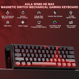 AULA WIN60 HE MAX - 60% Mechanical Gaming Keyboard Wired, Hall Effect Magnetic Switches Hot Swappable, Adjustable Actuation Rapid Trigger Mode, 8000 Hz Polling Rate, 60 Percent Keyboard Compact Design