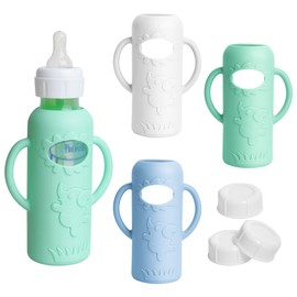 Joxodak 3 Pack Silicone Sleeves for Dr Brown Natural Glass Baby Bottles, Food Grade Anti Breakage Baby Bottle Holder with Handles and 3pcs Travel Bottle Caps (White+Blue+Green, 8oz)