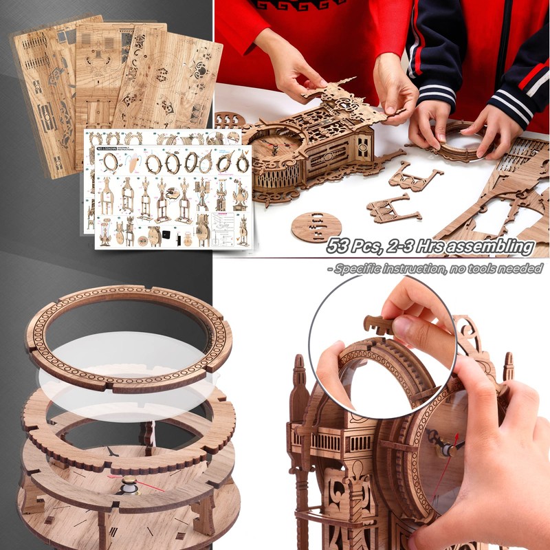 FUNPOLA 3D Wood Puzzle LED Tower Clock, DIY Architectural Building