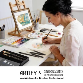 Artify Watercolor Brushes - Collaboration with Painter Stephanie Law, 8Pcs Watercolor Brush Set Professional Bionic Hair, High Paint Capacity & Tip Retention, Round, Detail, Filbert, Quill Brushes