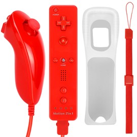 FISUPER Remote Controller with Motion Plus for Wii, 2 in 1 Remote with Nunchuck Controller Compatible with Wii Wii U Console (Red)