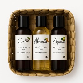 Herbolaria Selecta Set de Aceites Naturales Puros, Coco, Almendra y Aguacate, 60ml, Hidratante Corporal y Capilar, 100% Natural, con Canasto Artesanal, 3 Piezas