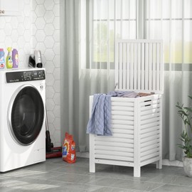 Homykic Bamboo Laundry Hamper, 2-Section 120L with Lid and Removable Liner Bag, Large Raised Laundry Basket Sorter for Clothes, Bathroom, Bedroom, Easy to Assemble, White