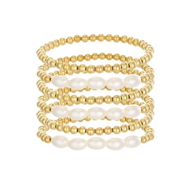 ZZ ZINFANDEL Gold Pearl Beaded Enewton Bracelets for Women,Gold Pearl Stackable Stretch Bead Ball Bracelet,Adjustable Layered Pearl Bracelet Sets (6PCS)