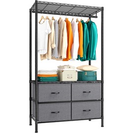 Raybee Clothes Rack with 4 Drawers and Shelves,Heavy Duty Clothing Rack for Hanging Clothes,Portable Closet,Sturdy and Durable,Black