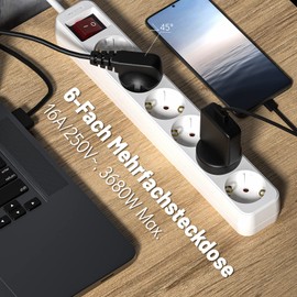 Power Strip 6-Way Extension Cable White 3 m Multiple Socket with Switch