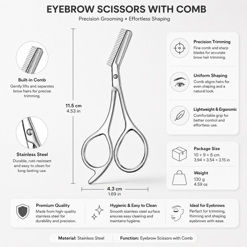 Eyebrow Scissors with Built-In Comb for Precision Trimming – Stainless