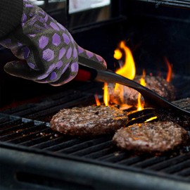 J H Heat Resistant Oven Glove:EN407 Certified 932 °F, 2 Layers Silicone Coating, Oven Mitts for Cooking, Kitchen, Fireplace, Grilling, 1 Pair (Extended Long Cuff, Black Shell with Purple)