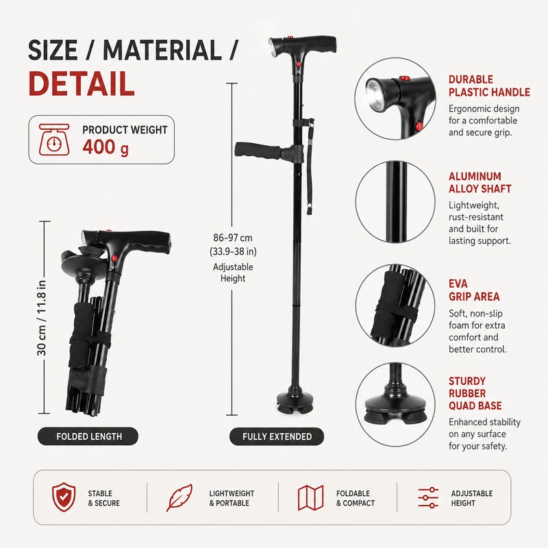 Folding Walking Cane for Seniors – Adjustable Aluminum Mobility Stick
