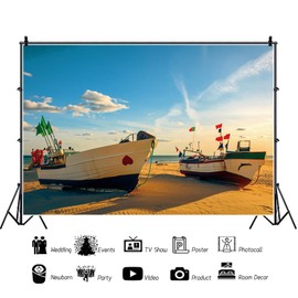 20x10ft Seaside Beach Backdrop Boat on The Beach Photography Background Blue Sky White Clouds Decoration Golden Beach Sun Shines The Beach Scene Birthday Baby Shower Party Photo Booth Props
