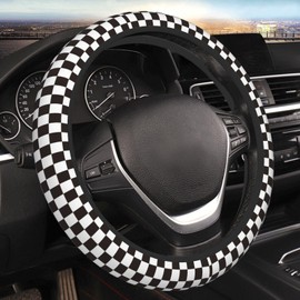 Black and White Checkered Racing Flag Checkerboard Square Grid Car Steering Wheel Cover,Non-Slip Neoprene-Sweat Car Accessories,Universal 15 Inch Fit Auto, Vans Trucks,Suvs, Truck