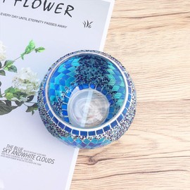 OSALADI 1 Pack Mosaic Glass Tealight Candle Holders Handmade Mosaic Glass Candlesticks Romantic Glass Votive Candle Holder Centerpiece for Valentines Thanksgiving Party Home Decor, Blue